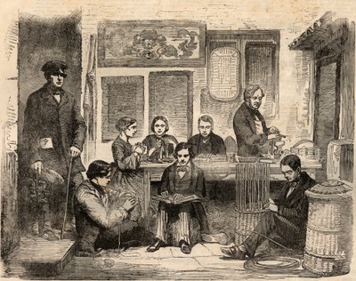 Korb- und Lesewerkstatt für Blinde in der Euston Road in London, organisiert von der Association for Promoting the General Welfare of the Blind. Gravur in „The Illustrated London News“ vom 24. von Unknown artist