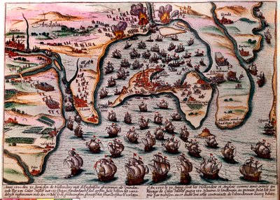 Schlachtplan von Cales Males (Spanien) am 30. Juni 1596. Die Flotte der niederländischen und englischen Armee betritt als Freunde Cales Males mit 180 Schiffen. Am nächsten Tag, dem 1. Juli, mussten sie die Stadt aufgrund von Verrat beschämt verlassen. Grav von Unknown artist