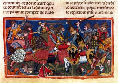 Kampfszene Miniatur aus einem französischen Kodex auf Pergament „Taten der Römer“, der die antike Geschichte bis zu Julius Caesar (101 v. Chr.-44 v. Chr.) erzählt. 13. Jahrhundert Venedig, Biblioteca Marciana von Unknown artist