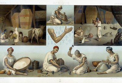 Berber Kabyles: Innenraum eines Kabyle-Hauses - Industrie - Tätowierungen - in „Le costume historique“ von Racinet von Unknown artist