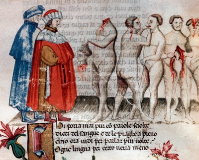 Bertrand de Born hält seinen abgeschlagenen Kopf (Gesang 28 der Hölle, in der Göttlichen Komödie) - Miniatur, 15. Jahrhundert von Unknown artist