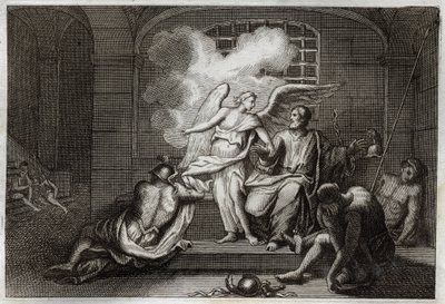 Bibel von Royaumont, Neues Testament: Heiliger Petrus wird aus dem Gefängnis befreit. Heiliger Petrus wird nachts von einem Engel aus dem Gefängnis befreit. Illustration von 1811. von Unknown artist