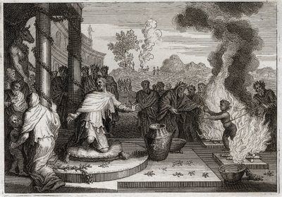 Bibel von Royaumont, Altes Testament: Ahas, unheiliger König. Der böse Ahas, König von Juda, erzürnt Gott und wird den Feinden ausgeliefert. Illustration von 1811. von Unknown artist
