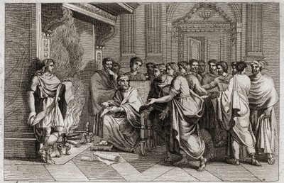 Bibel von Royaumont, Altes Testament: Baruch der Prophet. König Joachim (Joakim, Joachin, Jechonias) schneidet die Schriftrolle mit den Prophezeiungen Jeremias, die von seinem Schüler Baruch (Baruch ben Neria) transkribiert wurden, und wirft sie ins Feuer. von Unknown artist