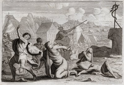 Bibel von Royaumont, Altes Testament: Eherne Schlange. Das Volk murrte gegen Gott und gegen Moses und wurde von Feuerschlangen bestraft; sie wurden von einer ehernen Schlange geheilt, die Moses erhob, damit sie von allen gesehen werden konnte. Illustration von Unknown artist