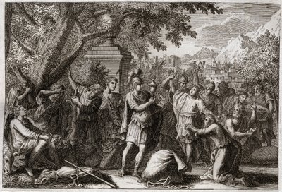 Bibel von Royaumont, Altes Testament: Die Brüder von Joseph. Joseph lässt seine Brüder ins Gefängnis werfen. Illustration von 1811. von Unknown artist