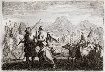 Bibel von Royaumont, Altes Testament: Berufung Abrahams. Gott ruft Abraham und befiehlt ihm, das Land der Chaldäer zu verlassen und in ein Land zu kommen, das er ihm versprochen hat. Illustration von 1811. von Unknown artist