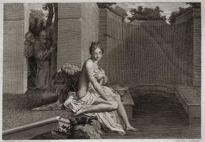 Bibel von Royaumont, Altes Testament: Keuschheit der Susanna. Zwei Älteste, Richter des Volkes, versuchen, die Keuschheit Susannas zu verderben, während sie allein in ihrem Garten badet. Illustration von 1811. von Unknown artist