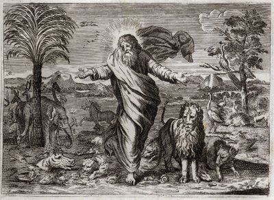 Royaumont-Bibel, Altes Testament: Schöpfung der Welt. Gott erschafft Himmel und Erde aus dem Nichts und schmückt sie in sechs Tagen mit Kreaturen aller Art. Illustration von 1811. von Unknown artist