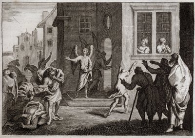 Royaumont-Bibel, Altes Testament: Verbrechen der Sodomiten. Loth empfängt Engel in seinem Haus. Die Sodomiten (Sodom) wollen sie vergewaltigen. Die Engel schlagen sie mit Blindheit. Illustration von 1811. von Unknown artist