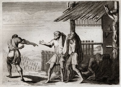 Royaumont-Bibel, Altes Testament: Verfluchung von Cham durch seinen Vater (Noahs Trunkenheit). Cham, der zweite Sohn von Noah, sieht seinen Vater in einer unanständigen Haltung, kümmert sich nicht darum und wird verflucht. Illustration von 1811. von Unknown artist
