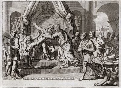 Bibel von Royaumont, Altes Testament: David spielt die Harfe. Saul, von Gott verworfen, wird vom bösen Geist ergriffen. Man sucht einen Mann, der die Harfe spielen kann, um ihn in seinem Übel zu lindern. Illustration von 1811. von Unknown artist