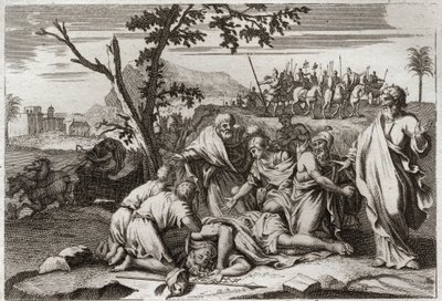 Royaumont-Bibel, Altes Testament: Tod des bösen Antiochus. Der schreckliche Tod von König Antiochus IV. Epiphanes (175-164 v. Chr.) nach einem Sturz vom Pferd. Illustration von 1811 von Unknown artist