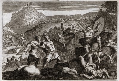 Royaumont-Bibel, Altes Testament: Niederlage von Amalek. Moses erlangte den Sieg über die Amalekiter, indem er seine Hände zum Himmel erhob. Illustration von 1811. von Unknown artist