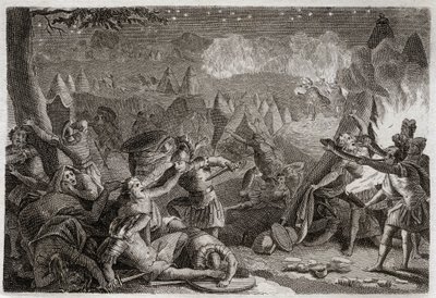 Bibel von Royaumont, Altes Testament: Niederlage der Midianiter durch den Klang der Trompeten und das Licht der Lampen. Illustration von 1811. von Unknown artist