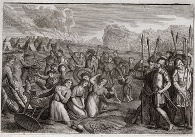 Royaumont-Bibel, Altes Testament: Zerstörung von Ai. Josua greift nach der Zerstörung von Jericho die Stadt Ai an, wo er zunächst wegen des Verbrechens von Akan zurückgeschlagen wird, aber nach der Bestrafung von Akan nimmt er die Stadt ein. Illustration v von Unknown artist