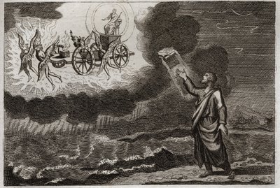 Bibel von Royaumont, Altes Testament: Ezechiel der Prophet. Der heilige Prophet hatte eine Vision, in der der Herr ihm auf einem Wagen erschien, getragen von vier Cherubinen (Tetramorph). Illustration von 1811. von Unknown artist