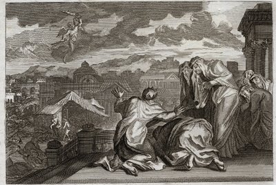 Bibel von Royaumont, Altes Testament: Pestgeißel. Und David, der aus Eitelkeit eine Volkszählung seines Volkes durchführte, wird von Gott mit einer Pest bestraft, die in drei Tagen siebzigtausend Menschen tötet. Illustration von 1811. von Unknown artist