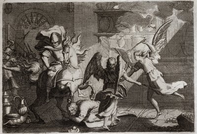 Bibel von Royaumont, Altes Testament: Heliodor wird aus dem Tempel vertrieben. Heliodor (Heliodoros), der von seinem Herrscher geschickt wurde, um den Tempel von Jerusalem zu plündern, wurde von Engeln mit Ruten geschlagen. Illustration von 1811. von Unknown artist