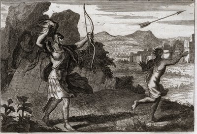 Bibel von Royaumont, Altes Testament: Jonathan und David. Und als Jonathan die Bitterkeit seines Vaters sah, warnte er David, sich zurückzuziehen. Illustration von 1811. von Unknown artist