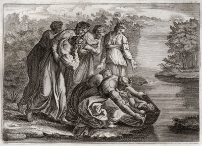 Royaumont-Bibel, Altes Testament: Moses rettet aus den Wassern. Die Tochter des Pharao zog Moses aus den Wassern des Nils und adoptierte ihn als ihren Sohn. Illustration von 1811. von Unknown artist