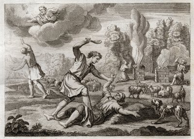 Royaumont-Bibel, Altes Testament: Mord an Abel. Kain trägt seinen Bruder aus Neid gegen Abel hinaus aufs Land, als ob er spazieren gehen wollte, und tötet ihn. Illustration von 1811. von Unknown artist
