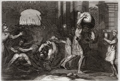 Royaumont-Bibel, Altes Testament: Vorhersage von Elisa. Ein Herr von Samaria, der die Worte von Elisa missverstanden hat, wird zu seinen Füßen niedergetrampelt. Illustration von 1811 von Unknown artist