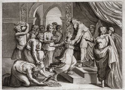Bibel von Royaumont, Altes Testament: Königin von Saba. Die Königin von Saba kommt zu Salomo, um seine Weisheit zu hören und ihm Geschenke zu bringen. Illustration von 1811. von Unknown artist
