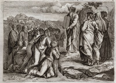 Bibel von Royaumont, Altes Testament: Zweite Tafeln des Gesetzes. Gott gibt Mose andere Tafeln (Zehn Gebote), die das Volk mit Respekt empfängt. Illustration von 1811. von Unknown artist