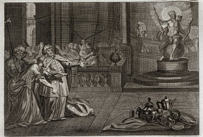 Bibel von Royaumont, Altes Testament: Das Idol von Bel. Daniel zerstörte das Idol von Bel und tötete einen Drachen, den die Babylonier verehrten. Illustration von 1811. von Unknown artist