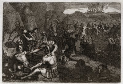 Royaumont-Bibel, Altes Testament: Diebe von Siceleg. Einige Amalekiter kommen, um Siceleg in Abwesenheit von David zu plündern. Er rennt wütend und besiegt sie. Illustration von 1811. von Unknown artist