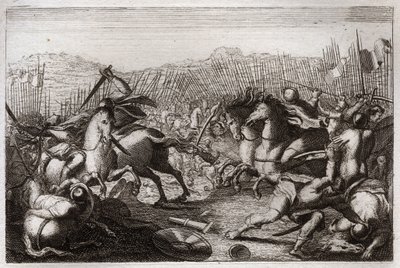 Bibel von Royaumont, Altes Testament: Sieg des Judas. Judas Makkabäus besiegte Apollonius, Seron, Ptolemaios Macron, Gorgias, Nikanor und Lysias in verschiedenen Schlachten. Illustration von 1811. von Unknown artist