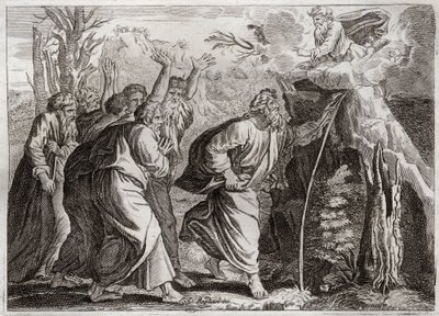 Bibel von Royaumont, Altes Testament: Wasser aus dem Felsen. Moses bringt Wasser aus dem Felsen und gibt dem Volk Israel zu trinken. Illustration von 1811. von Unknown artist
