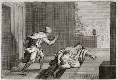 Bibel von Royaumont, Altes Testament: Frau des geschändeten Leviten. Die Frau des Leviten wurde tot an der Tür gefunden, nachdem sie von Schurken missbraucht worden war. Illustration von 1811. von Unknown artist