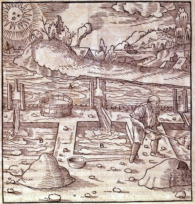 Bitumenrückgewinnung. Georg Bauer „Agricola De Re metallica“ Buch des 15. Jahrhunderts. Bibliothek des Wissenschaftsmuseums, Mailand. von Unknown artist