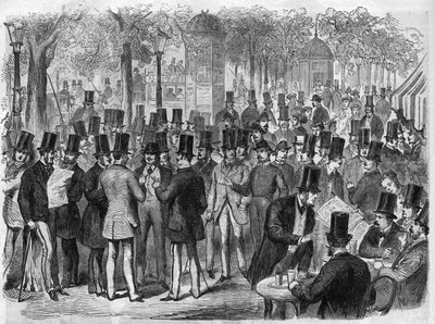 Makler in der Nähe der kleinen Börse am Boulevard des Italiens in Paris, Frankreich. Gravur in „Das illustrierte Universum“ von Unknown artist