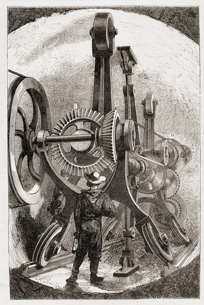 Brunton-Maschine zum Tunnelbau in weichen Gesteinen - in „Die neuen Eroberungen der Wissenschaft: Elektrizität“ von Louis Figuier, sd. von Unknown artist