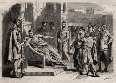 Brutus verurteilt seinen Sohn zum Tode - Brutus (Marcus Junius Brutus, 85-42 v. Chr.) verurteilt seine Söhne zum Tode - Gravur in 