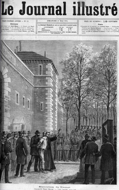 CAMPI, DER MÖRDER DER RUE DU REGARD - „Die Hinrichtung des Mörders Michel Campi auf dem Place de la Roquette, 30. April 1884 - GUILLOTINE - Gravur in „Le journal illustré“ von 1884 von Unknown artist