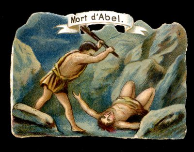 Kain tötet seinen jüngeren Bruder Abel aus Eifersucht (Kinder von Adam und Eva). Chromolithographie des 19. Jahrhunderts von Unknown artist
