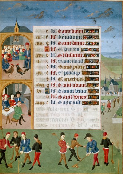 Kalender: Februar, die verschiedenen Spiele: eine Art Cricket, die Hahnenkämpfe. Miniatur des Meisters von Jean Rolin aus dem Manuskript „Die Stunden von Adelaide von Savoyen, Herzogin von Burgund“ von Unknown artist