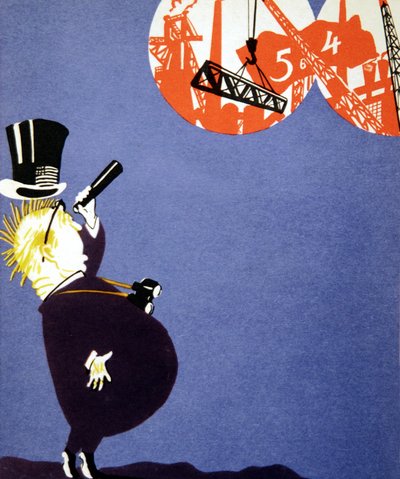 Kapitalistischer Mann, der sich vor dem Fortschritt der sowjetischen Wirtschaft fürchtet, Postkarte von Unknown Artist