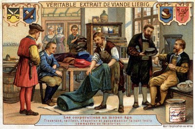 Berufe im Mittelalter: Weber, Schneider, Hutmacher und Pastetenmacher bestellen den Trockenreiniger - Chromo Liebig von Unknown artist