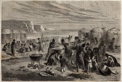 Cauda-yoli, das jährliche turkmenische religiöse Fest, um Gottes Schutz für die Familie und das Vieh zu bitten, organisiert von einer Familie, die zu diesem Anlass etwa fünfzehn Schafe opfern kann, und zu dem die ganze Gemeinschaft eingeladen ist. Gravur von Unknown artist