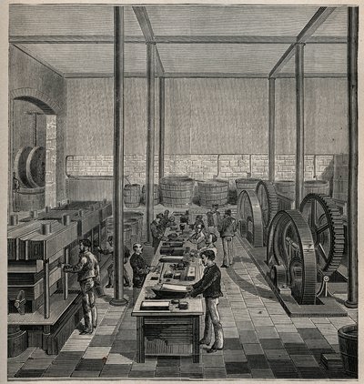 Zelluloid: Zelluloidherstellung. Gravur von 1885 in „Les arts et métiers illustrés“ von Adolphe Bitard. von Unknown artist