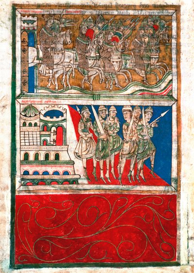 Karl der Große und seine Ritter verlassen Aachen und gehen nach Santiago de Compostela. Miniatur aus „Codex Calixtinus“ (Buch des heiligen Jakobus), um 1140. fol. 162 v. Archive der Kathedrale von Santiago de Compostela, Spanien von Unknown artist