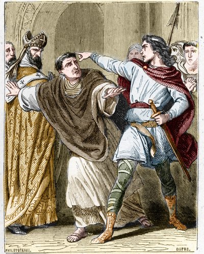 Childerich II., König der Franken von 670 bis 673, ließ den Bischof Saint Leger (616-675) in der Abtei von Luxeuil einsperren. von Unknown artist