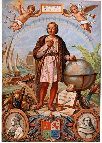 Christoph Kolumbus. Links Porträt von Isabella der Katholischen, Königin von Kastilien (1451-1504). Spanische Chromolithographie des 19. Jahrhunderts von Unknown artist