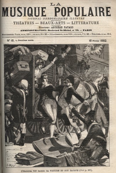Cimarosa sieht sein Auto und Gepäck beschlagnahmt - Domenico Cimarosa (1749-1801), italienischer Komponist des 18. Jahrhunderts. Gravur in „Popular Music“ (1882) von Unknown artist