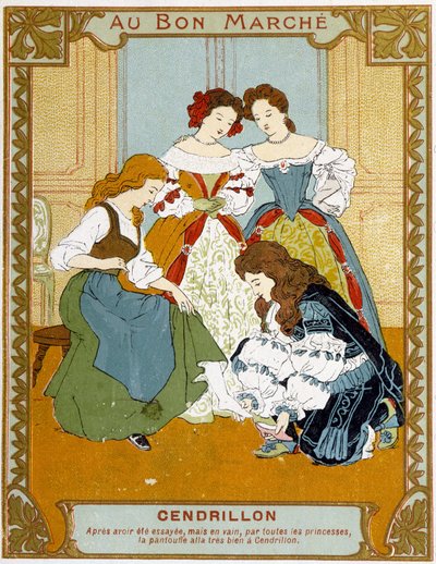 Aschenputtel probiert den Pantoffel - Bon Marché Werbeetikett von Unknown artist